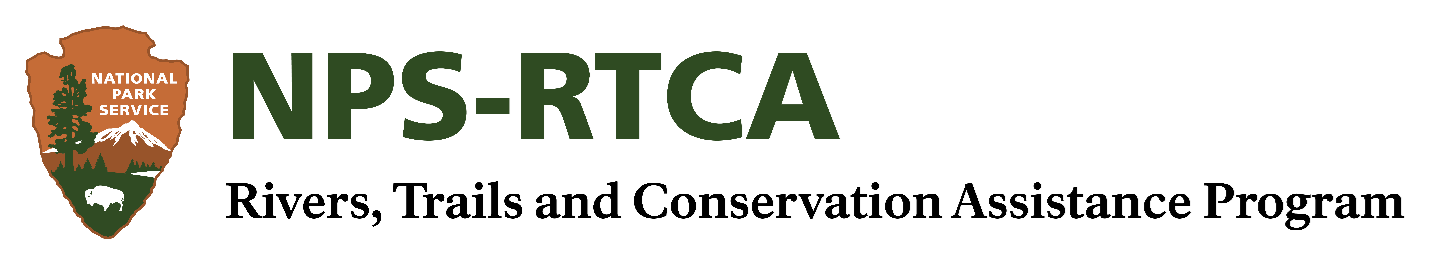 Logo for the Rivers, Trails and Conservation Assistance Program with the NPS logo on one side with a bison, tree, and mountain on an arrowhead, and the name of the program on the other side in green.
